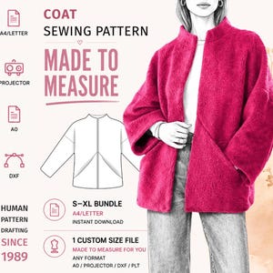 Peut inclure: Un patron de couture numérique pour manteau, avec le texte COAT SEWING PATTERN, MADE TO MEASURE, A4/LETTER, PROJECTOR, A0, DXF, HUMAN PATTERN DRAFTING SINCE 1989, S-XL BUNDLE et 1 CUSTOM SIZE FILE. Une illustration montre un manteau rose vif.