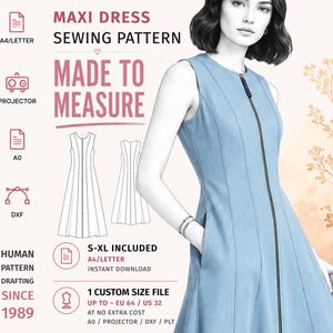 Puede incluir: Un patrón de costura para un vestido largo sin mangas con cierre de cremallera frontal. El gráfico incluye el texto Maxi Dress Sewing Pattern, Made to Measure y S-XL Included. Muestra dibujos técnicos del vestido e iconos para formatos de archivo A4, Letter, A0 y DXF, indicando una descarga digital para proyectos de costura.