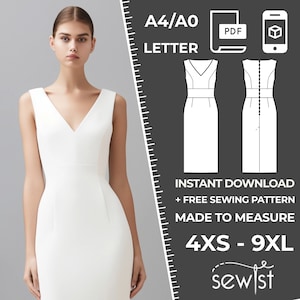 Könnte beinhalten: Ein weißes ärmelloses Kleid mit V-Ausschnitt und figurbetonter Silhouette. Das Kleid wird an einem Model gezeigt. Das Bild enthält auch Text, der "A4/A0 LETTER", "PDF", "INSTANT DOWNLOAD + FREE SEWING PATTERN", "MADE TO MEASURE", "4XS - 9XL" und "sewist" lautet.