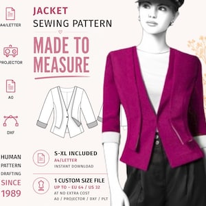 May include: A sewing pattern for a magenta jacket with three-quarter sleeves and white cuffs. The graphic includes text: JACKET SEWING PATTERN, MADE TO MEASURE, S-XL INCLUDED, 1 CUSTOM SIZE FILE UP TO EU 64 / US 32, HUMAN PATTERN DRAFTING SINCE 1989.