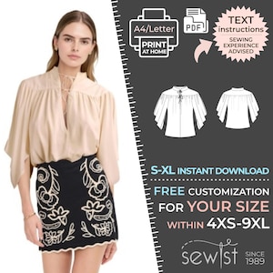 Blusa 2800 con mangas de fantasía - Patrón de costura PDF - S-M-L-XL o Patrón de costura a medida PDF Descargar