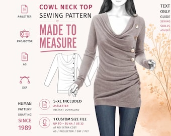 Cowl Neck Tunic Sewing Pattern PDF · Asymmetric Draped Top · S–XL + Custom Size