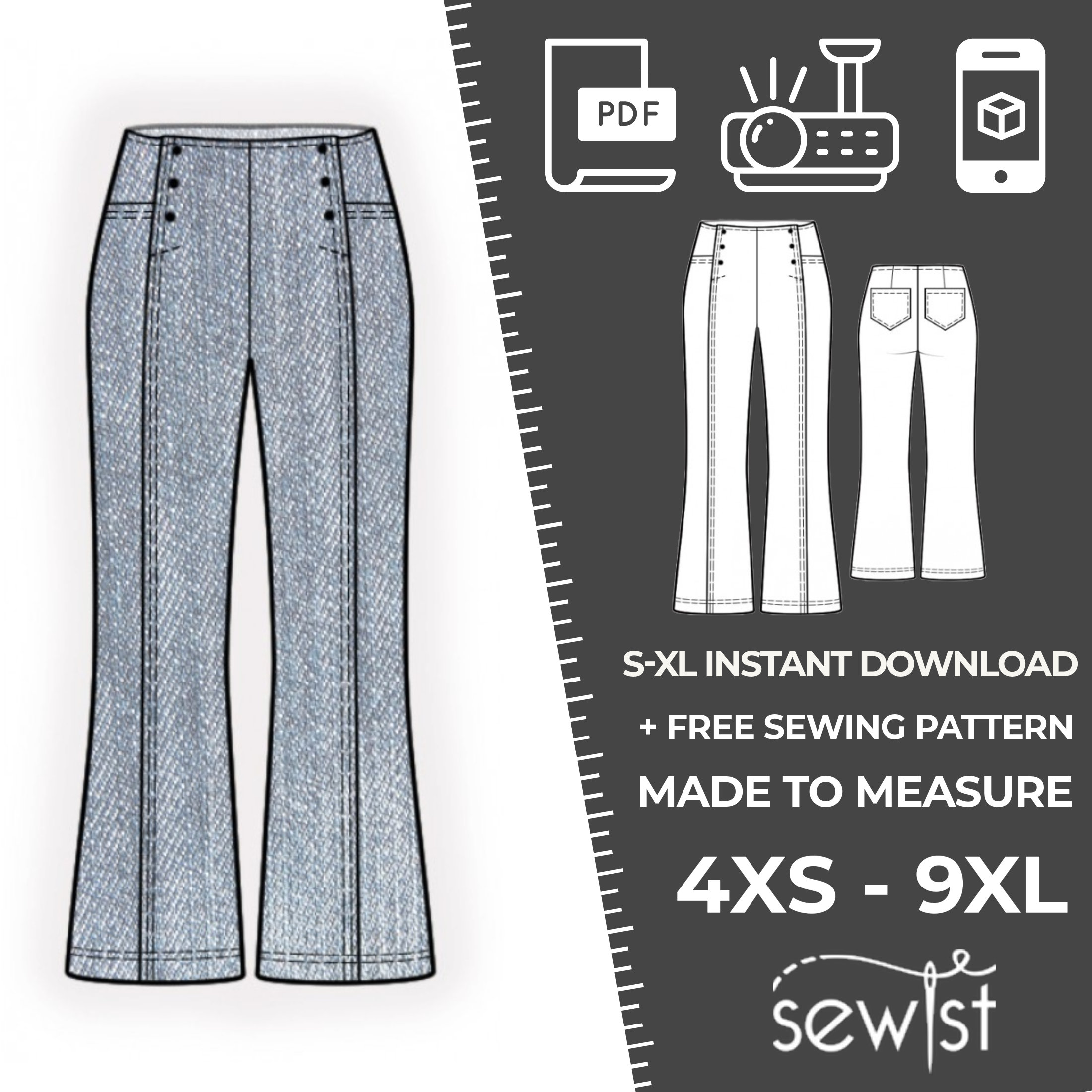 Womens Pants Bootcut Sewing Pattern Pdf Size 8-18 US,36-46 EU 