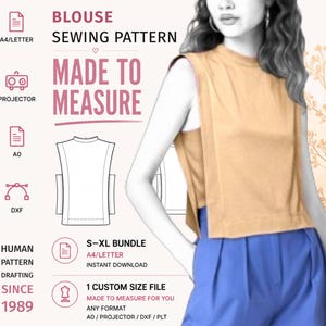 May include: A digital sewing pattern for a sleeveless blouse with a high neckline and side slits. The graphic includes text reading BLOUSE SEWING PATTERN, MADE TO MEASURE, and S-XL BUNDLE, alongside icons for A4/LETTER, PROJECTOR, A0, and DXF file formats.