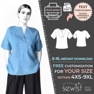 Puede incluir: Un patrón de costura digital para una blusa holgada de manga corta con cuello en V. El patrón está disponible en tallas S-XL y se puede personalizar para tallas 4XS-9XL. El patrón está disponible para descarga instantánea e incluye instrucciones de texto. El patrón se imprime en papel A4/Letter.