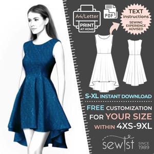 Könnte beinhalten: Ein digitales Schnittmuster für ein High-Low-Kleid mit einem figurbetonten Oberteil und einem ausgestellten Rock. Das Schnittmuster ist in den Größen S-XL erhältlich und kann für die Größen 4XS-9XL angepasst werden. Das Schnittmuster steht zum sofortigen Download bereit und enthält Textanweisungen. Näherfahrung wird empfohlen.
