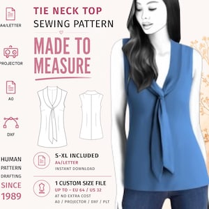 May include: A digital sewing pattern for a sleeveless blue tie-neck top. The graphic includes technical line drawings of the front and back of the garment, text labels for A4, Letter, A0, and DXF formats, and size information from S to XL.