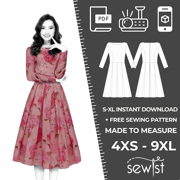 S4107  Women's Dress Sewing Pattern PDF S,M,L,XL / Custom Size - Wedding, Prom, Office, Summer, Party, Simple Guide, Plus Sizes Petite-Tall