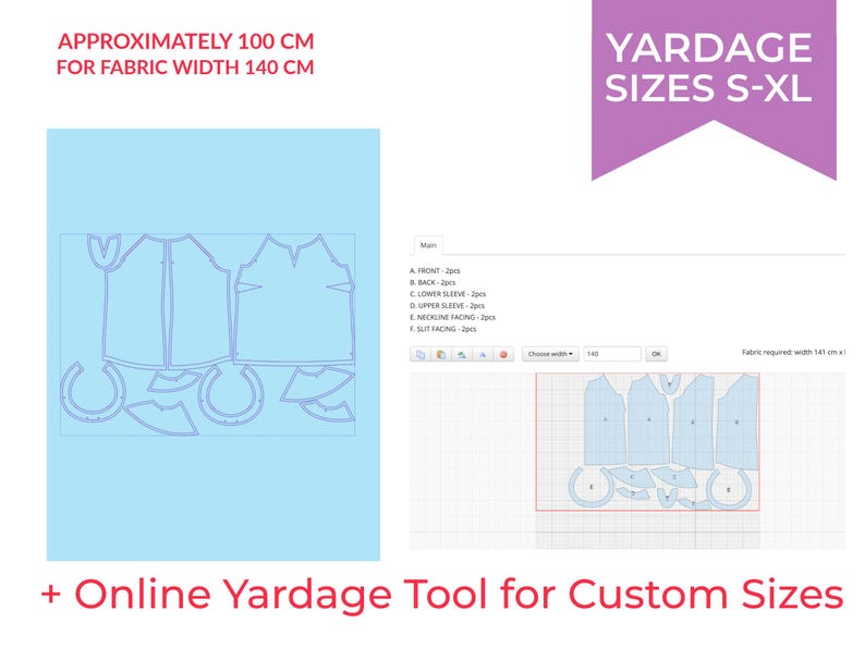 May include: A digital sewing pattern layout featuring garment pieces on a light blue background with text stating approximately 100 cm for fabric width 140 cm, yardage sizes S-XL, and an online yardage tool for custom sizes with a grid view.