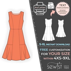 Könnte beinhalten: Ein druckbares Schnittmuster für ein ärmelloses Kleid mit einem taillierten Oberteil und einem ausgestellten Rock. Das Schnittmuster ist in den Größen S-XL erhältlich und kann für die Größen 4XS-9XL angepasst werden. Das Schnittmuster steht zum sofortigen Download bereit und enthält schriftliche Anweisungen. Näherfahrung wird empfohlen.
