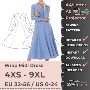 以下が含まれることがあります： ライトブルーのラップミディドレスの縫製パターン。パターンには4XSから9XLまでのサイズが含まれており、EU 32-56 / US 0-24です。画像には、ドレスの線画と「A4/Letter、AO PDF、Projector、Sewing Pattern、Detailed Instructions、Instant Download、All Sizes Included」というテキストも表示されています。