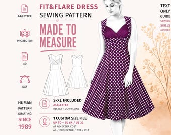 Könnte beinhalten: Ein Schnittmuster für ein ausgestelltes Kleid mit violettem Punktemuster und einem dunkelvioletten Oberteil. Der Text enthält FIT & FLARE DRESS SEWING PATTERN, MADE TO MEASURE, S-XL INCLUDED und 1 CUSTOM SIZE FILE UP TO EU 64.