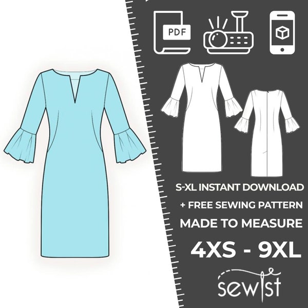 4213 Women's Dress Sewing Pattern PDF - S,M,L,XL / Custom Size - Elegant Wedding, Office, Summer Dress, Simple Guide, Plus Sizes Petite-Tall