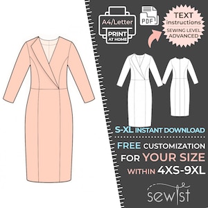 Könnte beinhalten: Ein digitales Schnittmuster für ein rosafarbenes Wickelkleid mit langen Ärmeln. Das Schnittmuster ist in den Größen 4XS bis 9XL erhältlich und enthält Anweisungen zum Nähen. Das Schnittmuster steht zum sofortigen Download bereit und kann zu Hause ausgedruckt werden.