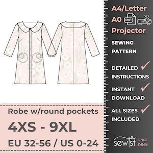 May include: A digital sewing pattern for a robe with round pockets, featuring a light pink floral print. The graphic displays front and back views, text including A4/Letter, A0, PDF, Projector, and size range 4XS-9XL, EU 32-56 / US 0-24, with detailed instructions.