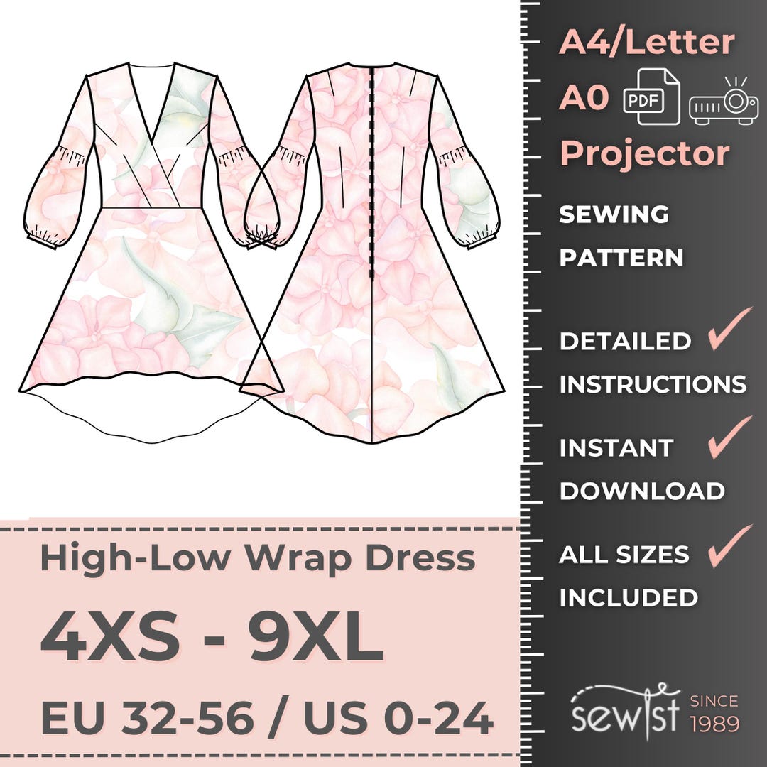 High-low Wrap Dress, Women Dress Sewing Pattern,sizes 4XS-9XL Instant ...