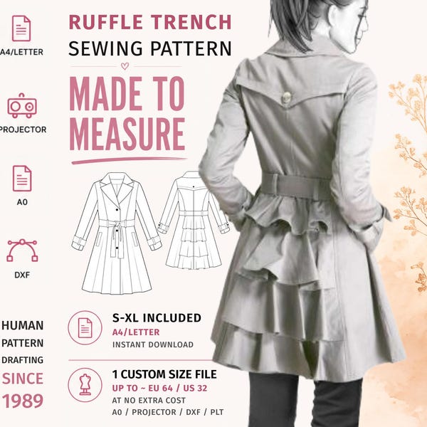 Ruffle Back Trench Coat Sewing Pattern PDF · Belted Raincoat · S–XL + Custom Size