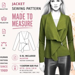 May include: A sewing pattern for a jacket featuring a draped collar and a side buckle closure. The image includes a technical line drawing, a rendered illustration of the jacket in olive green, and text indicating A4, Letter, A0, and DXF formats.