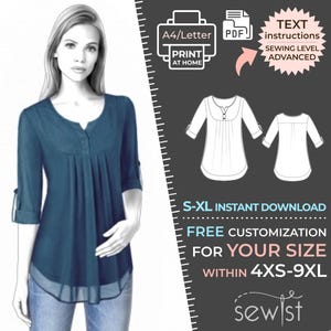 Puede incluir: Un patrón de costura digital para una blusa azul de manga larga con un corpiño fruncido y cuello en V. El patrón está disponible en tallas S-XL y se puede personalizar para tallas 4XS-9XL. El patrón incluye instrucciones de texto y es una descarga instantánea.  "Sewist" está impreso en la parte inferior de la imagen.