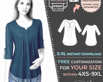2092 PDF Blouse Sewing Pattern - S-M-L-XL or Made to Measure Sewing Pattern PDF Download