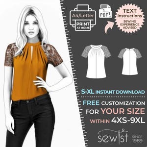 May include: A digital sewing pattern for a blouse with a keyhole neckline and short sleeves. The pattern is available in sizes S-XL and can be customised for sizes 4XS-9XL. The pattern is available for instant download and includes text instructions. Sewing experience is advised.