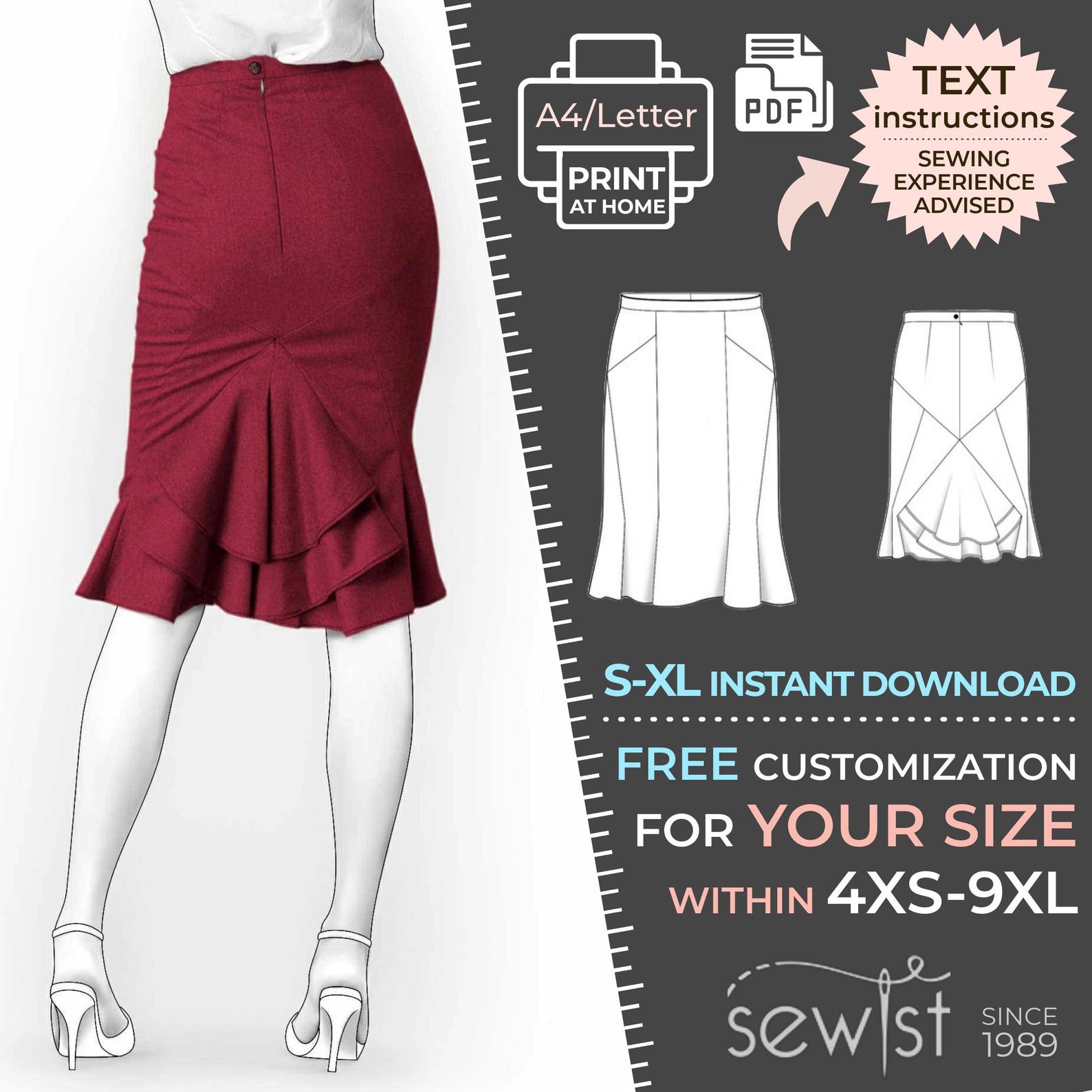 5928 Skirt Sewing Pattern PDF - S-M-L-XL or Made to Measure Sewing ...