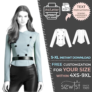 May include: A digital sewing pattern for a double-breasted jacket with a peplum hem. The pattern is available in sizes S-XL and can be customized for sizes 4XS-9XL. The pattern is available for instant download and includes text instructions. Sewing experience is advised.