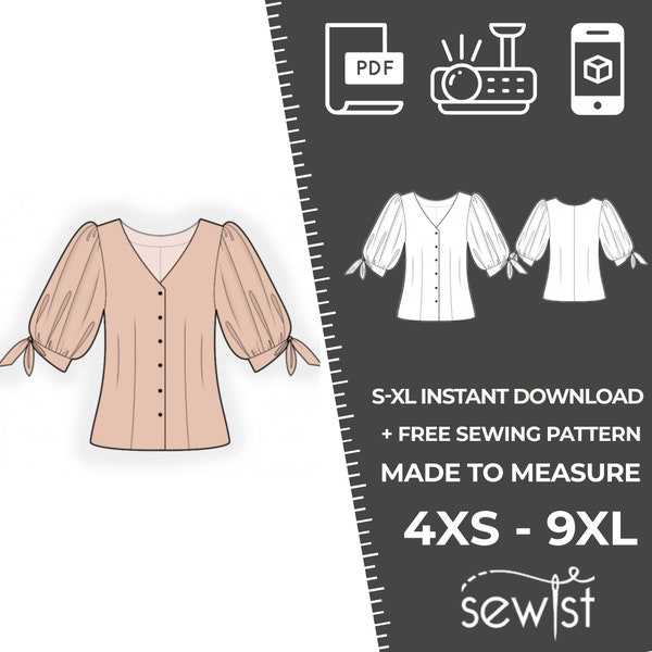 2360 Blouse, Top Sewing Pattern PDF - S-M-L-XL or Made to Measure Sewing Pattern PDF Download Royalty Free for Personal, Commercial Use