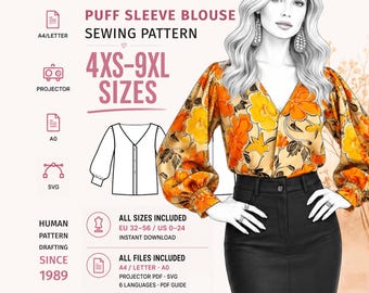 Może przedstawiać: Wykrój krawiecki na bluzkę z bufiastymi rękawami w kwiatowy wzór w odcieniach pomarańczu i żółci. Grafika zawiera tekst PUFF SLEEVE BLOUSE SEWING PATTERN 4XS-9XL SIZES oraz ikony formatów plików A4/LETTER, PROJECTOR, A0 i SVG.