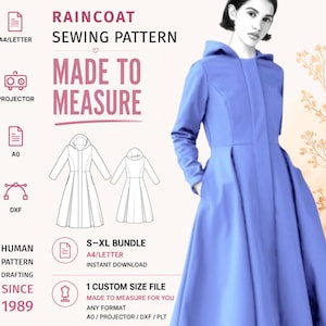 May include: A digital sewing pattern for a hooded raincoat, featuring text that reads RAINCOAT SEWING PATTERN, MADE TO MEASURE, and HUMAN PATTERN DRAFTING SINCE 1989. The image displays a blue hooded coat, technical line drawings, and file format icons.