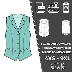 2091 Waistcoat Sewing Pattern PDF Download, S-M-L-XL or Free Made to Measure Personalization, Royalty Free Personal or Commercial Use