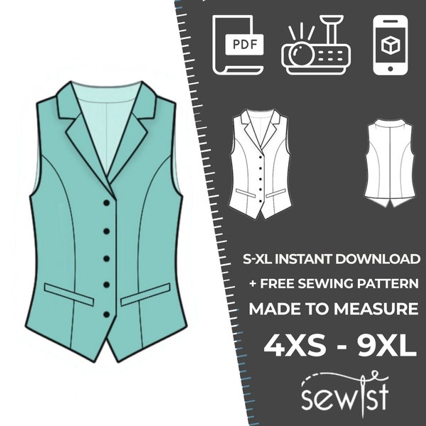 2091 Waistcoat Sewing Pattern PDF Download, S-M-L-XL or Free Made to Measure Personalization, Royalty Free Personal or Commercial Use