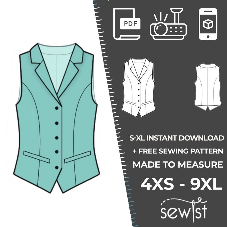 2091 Waistcoat Sewing Pattern PDF Download, S-M-L-XL or Free Made to Measure Personalization, Royalty Free Personal or Commercial Use image 1