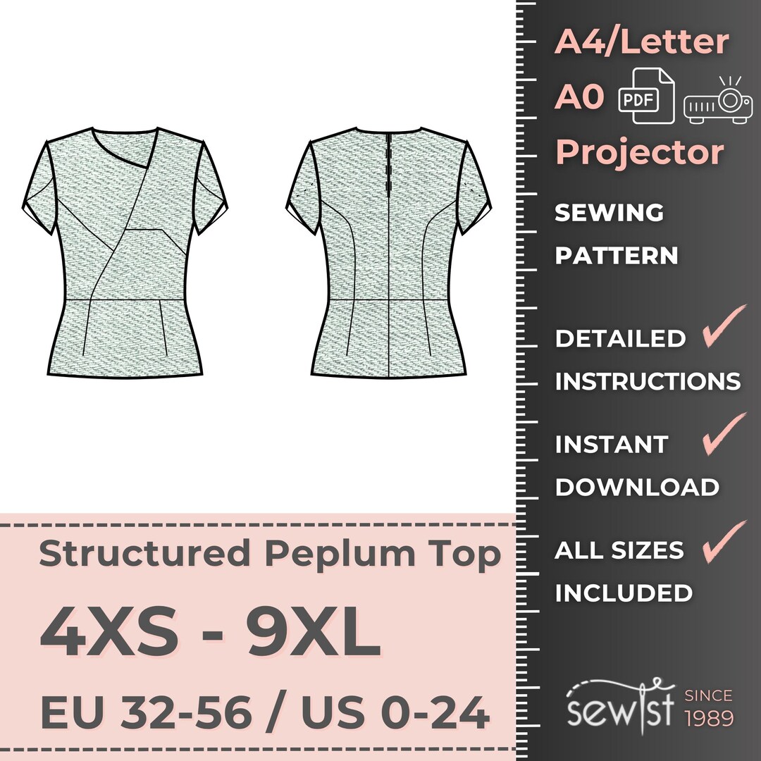 Structured Top Pattern Structured Top With Peplum, Women Dress Sewing Pattern,sizes 4XS-9XL ...
