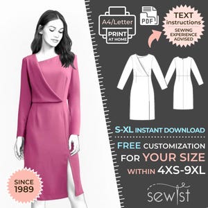 May include: A digital sewing pattern for a pink dress with a side slit. The pattern is available in sizes XS-9XL and includes instructions for sewing. The pattern is available for instant download and can be printed at home.