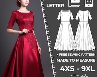 Women's Long Prom Dress Sewing Pattern PDF - 4XS-9XL/Custom Size - Elegant Wedding, Office, Summer Dress, Simple, Plus Sizes Petite-Tall