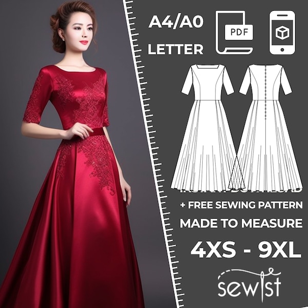 Women's Long Prom Dress Sewing Pattern PDF - 4XS-9XL/Custom Size - Elegant Wedding, Office, Summer Dress, Simple, Plus Sizes Petite-Tall