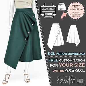 Peut inclure: Patron de couture numérique pour une jupe asymétrique verte avec un détail plissé. Le patron est disponible en téléchargement dans les tailles XS-9XL. Le texte sur l'image indique "Téléchargement instantané S-XL, personnalisation gratuite pour votre taille dans les tailles 4XS-9XL, sewist depuis 1989".