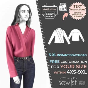 May include: A digital sewing pattern for a pink wrap blouse with long sleeves. The pattern is available for download in sizes XS-9XL. The image also includes text that says "TEXT instructions SEWING EXPERIENCE ADVISED".