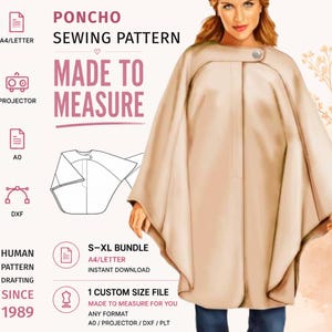 Könnte beinhalten: Ein beiges Poncho-Schnittmuster mit einer digitalen Illustration einer Person, die einen beigen Poncho mit einem einzelnen Knopfverschluss trägt. Der Text enthält PONCHO SEWING PATTERN, MADE TO MEASURE, A4/LETTER, PROJECTOR, A0, DXF, S-XL BUNDLE und 1 CUSTOM SIZE FILE.