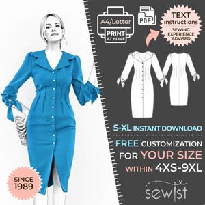 Könnte beinhalten: Ein digitales Schnittmuster für ein blaues Kleid mit Knopfleiste, langen Ärmeln mit Bindebändern an den Manschetten und einer figurbetonten Silhouette. Das Schnittmuster ist in den Größen 4XS-9XL erhältlich und beinhaltet Anleitungen zur Anpassung. Das Schnittmuster steht zum sofortigen Download bereit. Der Text "Näherfahrung empfohlen" ist im Bild enthalten.