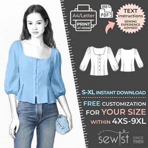 May include: A digital sewing pattern for a blue blouse with puffed sleeves and a square neckline. The pattern is available in sizes S-XL and can be customised for sizes 4XS-9XL. The pattern is available as an instant download and includes text instructions. Sewing experience is advised.