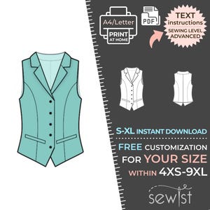 2091 Waistcoat Sewing Pattern PDF Download, S-M-L-XL or Free Made to Measure Personalization, Royalty Free Personal or Commercial Use