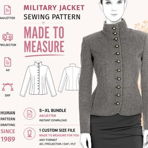 Może przedstawiać: Wykrój krawiecki na kurtkę wojskową z tekstem MILITARY JACKET SEWING PATTERN, MADE TO MEASURE, A4/LETTER, PROJECTOR, A0, DXF, HUMAN PATTERN DRAFTING SINCE 1989, S-XL BUNDLE oraz 1 CUSTOM SIZE FILE. Zawiera ilustrację szarej kurtki.