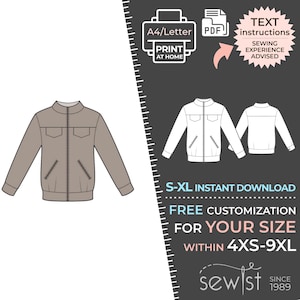 May include: A printable sewing pattern for a brown bomber jacket with a zipper closure. The pattern includes instructions and is available in sizes S-XL.  The pattern is available for instant download and can be customized for your size within 4XS-9XL.