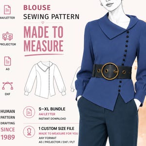 2796 Blusa con cuello asimétrico - Patrón de costura en PDF - Tallas S-M-L-XL o patrón de costura a medida (descarga en PDF)