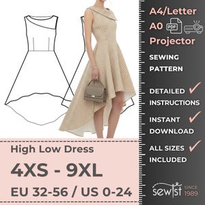 Op de afbeelding: Een patroon voor een high-low jurk met een beige polka dot design. Het patroon bevat gedetailleerde instructies en is verkrijgbaar in de maten 4XS tot 9XL. Direct downloaden.