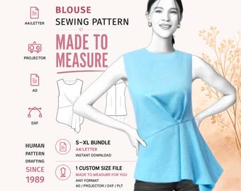 May include: A digital sewing pattern for a sleeveless light blue blouse with a draped waist detail. The graphic includes text reading BLOUSE SEWING PATTERN, MADE TO MEASURE, S-XL BUNDLE, and HUMAN PATTERN DRAFTING SINCE 1989, alongside icons for A4, A0, and projector files.