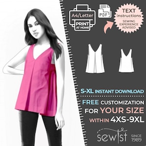 May include: A digital sewing pattern for a sleeveless top with a V-neckline. The pattern is available in sizes S-XL and can be customized for sizes 4XS-9XL. The pattern is available for instant download and includes text instructions. Sewing experience is advised.