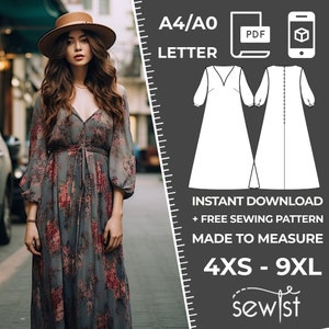 Peut inclure: Une illustration numérique d'une robe longue et fluide avec un décolleté en V et des manches longues. La robe est présentée en deux vues, de face et de dos. Le texte "A4/A0 LETTER INSTANT DOWNLOAD + FREE SEWING PATTERN MADE TO MEASURE 4XS - 9XL sewist" est affiché sous l'illustration.